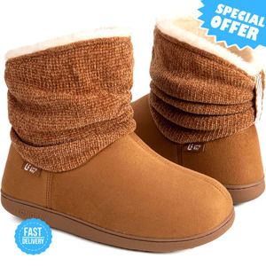 BRAND NEW LongBay Warm Chenille Knit Bootie Slippers with Faux Fur